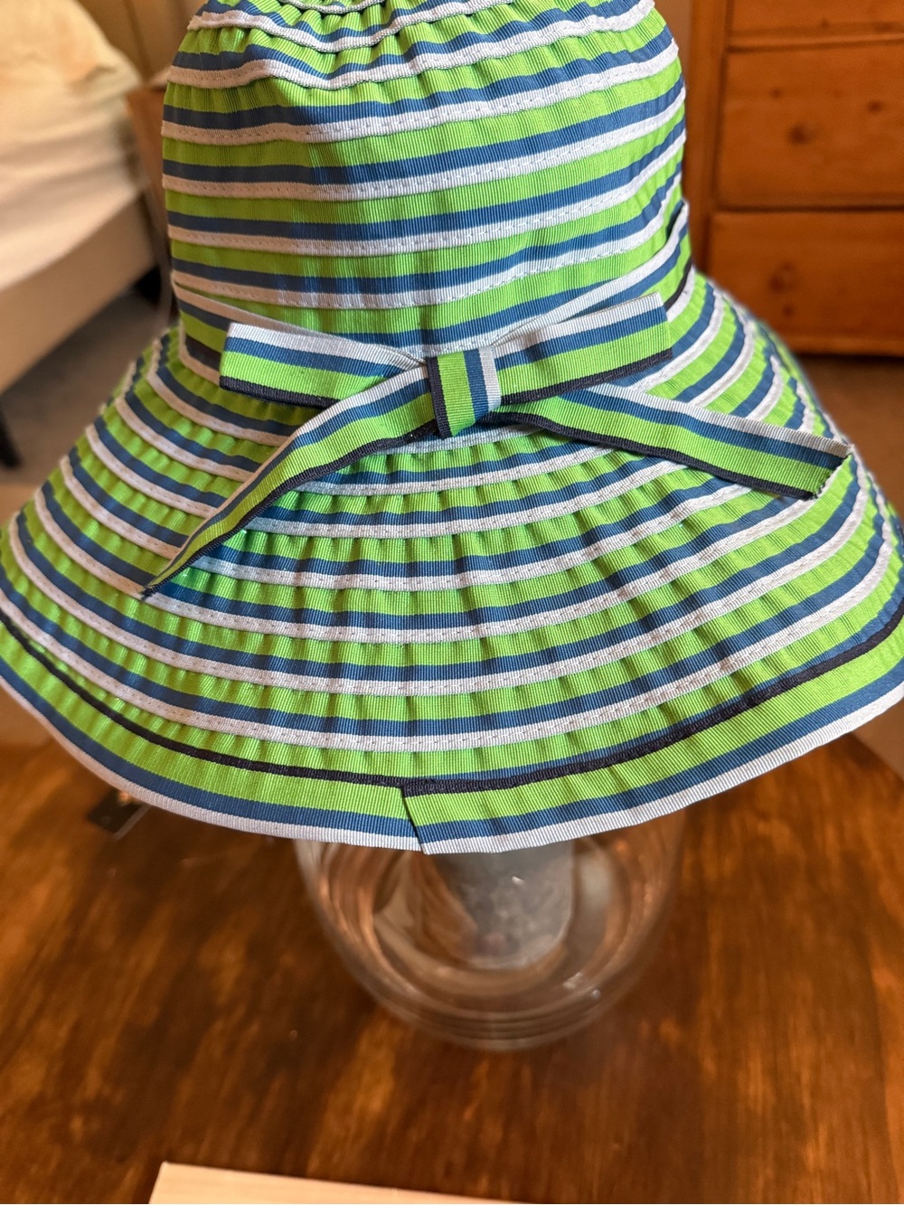 San Diego Hat Company Ribbon Striped Sun Hat in Blue & Green with Bow